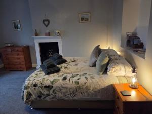a bedroom with a bed with pillows and a fireplace at Rainors farm B&B in Gosforth