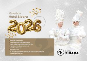 Un folleto publicitario de un complejo hotelero con dos mujeres vestidas de blanco. en Hotel Sibara SPA & Convenções, en Balneário Camboriú