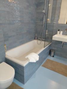 une salle de bain avec une baignoire, des toilettes et un lavabo dans l'établissement Logies De Lelie - Antwerpen Zuid, à Anvers 30 autres photos