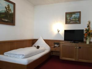 a small room with a bed and a television at Hotel Lasalt in Ischgl