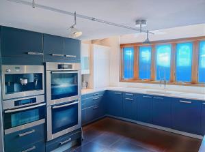 a blue kitchen with blue cabinets and windows at Villa Vista Oceanfront 4BR - Infinity Pool - Views in Enighed