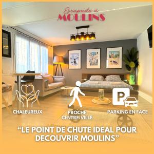 een poster van een slaapkamer met een bed en een woonkamer bij Escapade à Moulins, Studio élégant Rez-de-Chaussée et Parking gratuit in Moulins