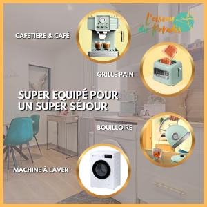 een collage van foto's die verschillende onderdelen van een naaimachine laten zien bij L'Oiseau du paradis, entre gare et centre ville, rez-de-chaussée, avec terrasse et parking privé in Moulins