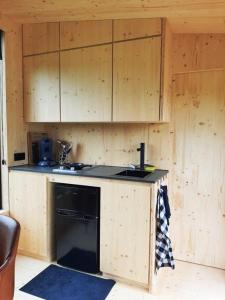 a kitchen with wooden cabinets and a sink and a dishwasher at Black Pearl in Hamme