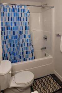 ein Bad mit einem WC und einem blauen Duschvorhang in der Unterkunft MegaVille in Saskatoon