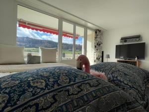 Un dormitorio con una cama grande con una ventana grande. en Relax Paradise in Bad Zurzach, en Bad Zurzach