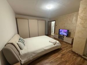 a bedroom with a bed and a flat screen tv at Cozy apartment in Craiova
