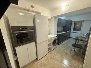 a kitchen with a refrigerator and a washing machine at Cozy apartment in Craiova