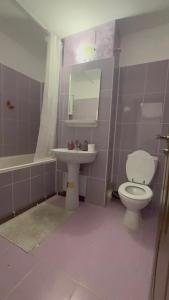 a bathroom with a toilet and a sink and a tub at Cozy apartment in Craiova