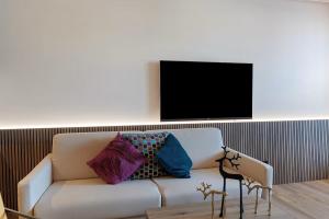 a living room with a couch and a tv at FeWo Holzäpfel Dunningen in Dunningen