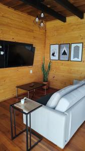 a living room with a white couch and a tv at Chalé cruzeiro do sul, hidromassagem, 2 min Thermas Machadinho-RS #1 in Machadinho