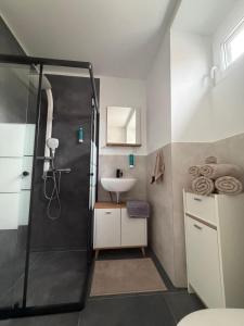 a bathroom with a sink and a shower at Mira Suites 1 in Schwalbach +21 photos