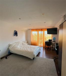 a bedroom with a bed and a desk and a television at Casa Alex in Hunedoara