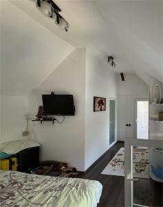 Un dormitorio con una cama y un televisor de pantalla plana en la pared. en Casa Alex, en Hunedoara