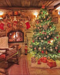 a christmas tree in a room with a fireplace at Casa Savri in Sighişoara