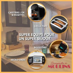 een collage van foto's van een keuken met een magnetron bij Escapade à Moulins, Studio élégant Rez-de-Chaussée et Parking gratuit in Moulins