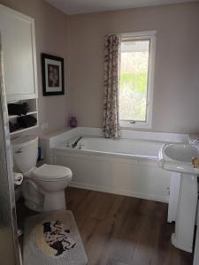 a bathroom with a tub and a toilet and a sink at Biking, Hiking, Getaways & Relaxation Retreats - Visit the VT Chocolate Room - Large & Cozy, Homey, Jacuzzi Tub, Scenic Walks in Colchester