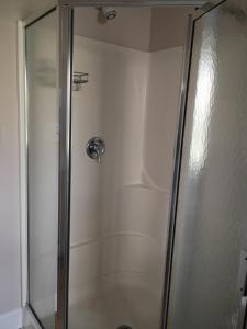 a shower with a glass door in a bathroom at Biking, Hiking, Getaways & Relaxation Retreats - Visit the VT Chocolate Room - Large & Cozy, Homey, Jacuzzi Tub, Scenic Walks in Colchester