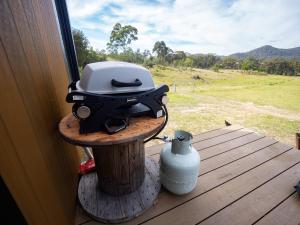 Doyles CreekBundaleer Tiny House 2 by Tiny Away的窗边一张木桌上放着一个烧烤架。
