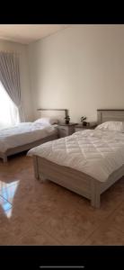 Un dormitorio con dos camas y una ventana en Crestora farm, en Ras al Khaimah