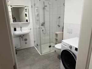 a bathroom with a shower and a toilet and a sink at Ferienwohnung mit Balkon in Steinhagen in Steinhagen
