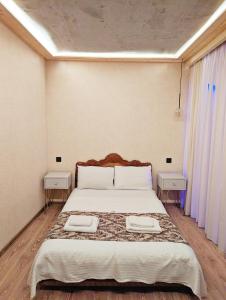 第比利斯Old Tbilisi style Apartment的一间卧室配有一张大床和两张桌子