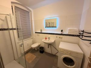 a bathroom with a shower toilet and a sink at Apartment DENISA in Gera