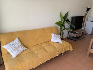 a couch in a living room with two pillows on it at Cozy Beachside Studio with Beach Access & Pool in Marigot