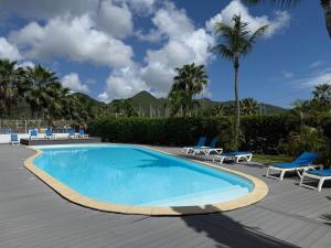 a swimming pool with chairs and a palm tree at Cozy Beachside Studio with Beach Access & Pool in Marigot