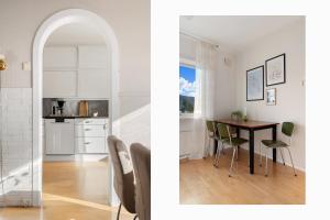 a kitchen and a dining room with a table at Basecamp Dramsvegen Aurora Viewpoint in Tromsø