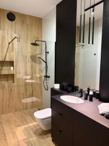 a bathroom with a toilet and a sink and a shower at Apartamenty Arkady in Police