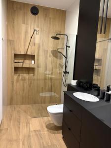 a bathroom with a toilet and a sink and a shower at Apartamenty Arkady in Police +9 photos
