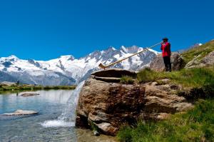 a man is standing on a rock near a waterfall at Apartment Moulin in Saas-Grund