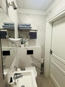 a white bathroom with a sink and a toilet at Apartamenty PREMIUM Rynek 21 in Toruń