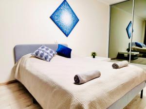 a bedroom with a large bed with pillows and a mirror at M&M Apartment V SELF CHECK-IN in Panevėžys +1 photo