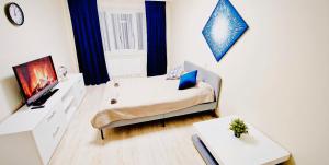 a small living room with a couch and a tv at M&M Apartment V SELF CHECK-IN in Panevėžys