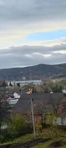 une vue d'une ville avec des montagnes en arrière-plan dans l'établissement Будинок для відпочинку, à Borysxaw