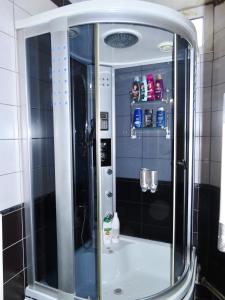 a bathroom with a shower with a sink and a mirror at Chez Apartment in Prizren