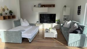 アルテンアールにあるFerienwohnung am Teufelsloch mit 2 Schlafzimmern und 2 Schlafcouchen a 1,4mのソファと薄型テレビのあるリビングルーム