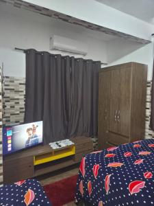 Un dormitorio con una cama y un televisor de pantalla plana. en Residencial Garcia Diárias Econômicas, en Florianópolis
