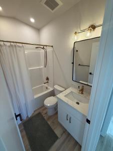 a bathroom with a sink and a toilet and a mirror at North Slope Nest in Tacoma