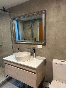 a bathroom with a sink and a mirror and a toilet at Stunning Lake Views in Queenstown +8 photos