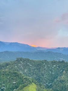an aerial view of a forested area with a rainbow in the horizon at Hotel Reserva Monarca in Salento