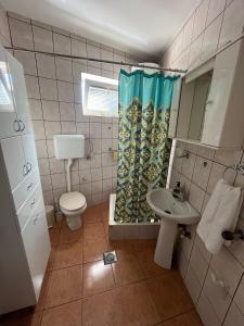 a bathroom with a toilet a sink and a shower curtain at River apartman Paraćin in Paraćin +16 photos