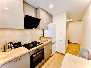 a small kitchen with a stove and a sink at M&M Apartment VI SELF CHECK-IN in Panevėžys +4 photos