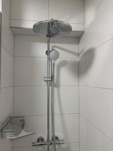 a shower with a shower head in a bathroom at Ferienwohnung Held in Obertraun +5 photos