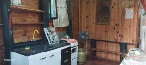 a kitchen with a sink and a stove in a cabin at Recanto do pepe in Xuí