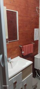 a bathroom with a white sink and a mirror at Cabañas Recanto do pepe in Santa Vitória do Palmar +14 photos