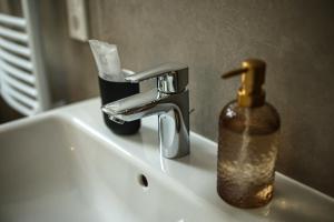 a bathroom sink with a soap dispenser next to a bathroom sink at Lumé26 in Koblenz