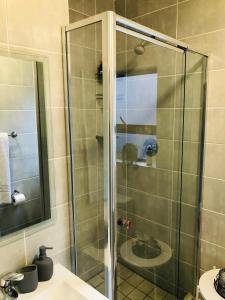 a shower with a glass door next to a sink at Apartment at the Blyde in Pretoria
